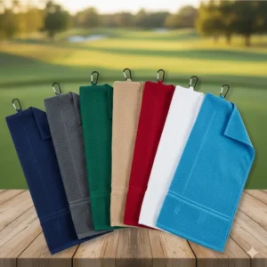 An array of personalized golf towels in various colors (blue, black, red) ready for custom printing or embroidery. 