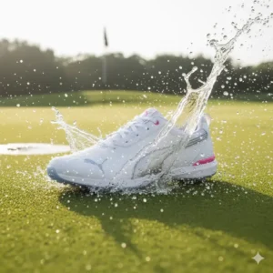 Detail of the interior comfort and cushioning in Puma female golf shoes for all-day wear on the course. 