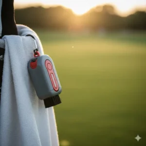 Compact retractable golf brush easily clipping onto a golf towel or golf bag for quick access on the course.