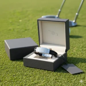Golf bracelet displayed in an elegant gift box, ready for a present.