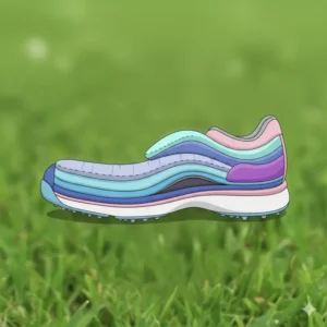 An illustration of popular women's golf shoes cut open, revealing layers of soft cushioning and ergonomic design for superior comfort during long rounds of golf.
