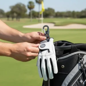 A close-up view of a golfer clipping their glove onto a reliable golf glove holder after use.