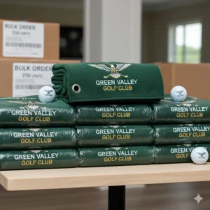 Stack of personalized custom golf towel packaged for a large bulk order or corporate event