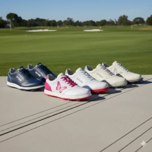 A display of the complete G/FORE women's golf shoes collection, showing various styles, colors, and designs available. 