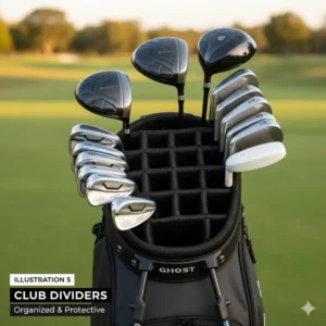 Clear view inside the top of the Ghost bag, showing the club dividers and organization mentioned in the ghost golf bag review.