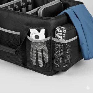 A separate pocket in the golf trunk organizer holding golf gloves, towels, and a light windbreaker jacket.