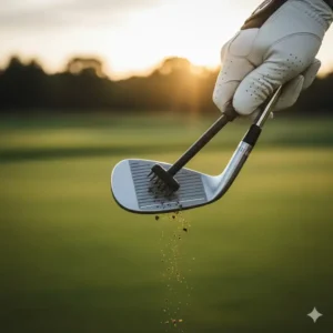 Golfer using the spike end of the golf brush to remove stubborn mud and dirt from the bottom of a wedge club face.
