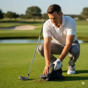 A golfer using their personalized golf towel to quickly clean an iron club head after a shot. 