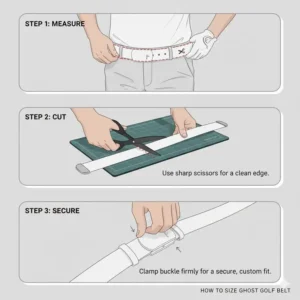 Visual guide demonstrating the simple process of trimming or adjusting the fit of a new ghost golf belt. 
