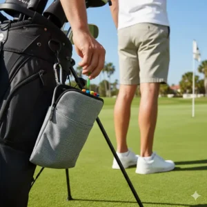 Golfer retrieving tees from the easily accessible golf valuables pouch near the green.
