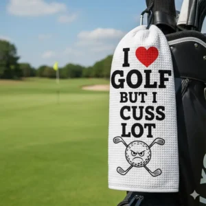 View of a black and white sarcastic funny golf towel with a bold, witty message. 