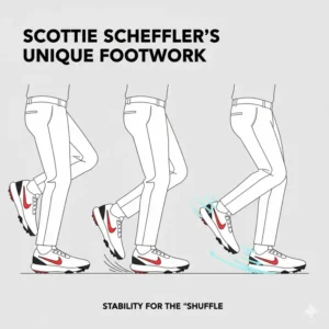 Animated sequence demonstrating the unique "Scottie shuffle" footwork supported by his scottie scheffler golf shoes. 