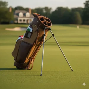 Sturdy and lightweight stand mechanism at the base of shapland golf bags.