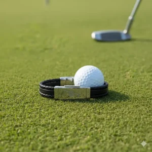 Image showing the size and fit of the golf bracelet next to a golf ball.