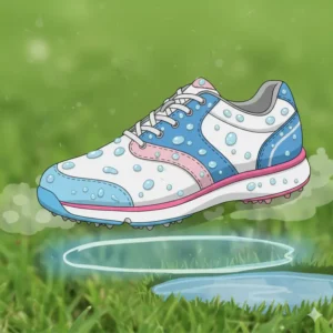 An illustration showing popular women's golf shoes hovering, conveying its lightweight construction for enhanced agility and reduced fatigue on the golf course.