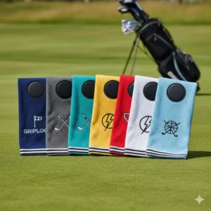 An assortment of colorful magnetic golf towel options, showcasing various available designs. 