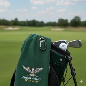 Detail shot of a sturdy carabiner clip attached to a custom golf towel for easy bag attachment