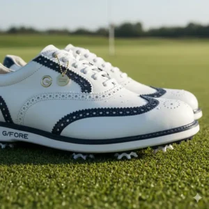 Detailed view of the classic G/FORE Gallivanter women's golf shoes, known for their unique wingtip style and exceptional grip. 