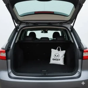 The Ghost golf bag easily fitting into the trunk of a car, emphasizing its compact size for the full ghost golf bag review.
