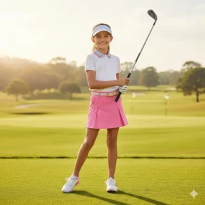 Fun and functional accessories like patterned belts and adjustable caps to complement girls golf clothes.