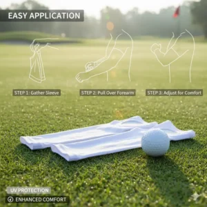 Step-by-step image showing the correct way to pull on a pair of comfortable golf sleeves before a round.