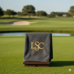 Detail shot of a luxurious, monogrammed personalized golf towel showing stitched initials in a classic font. 