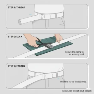Diagram illustrating the seamless fastening mechanism, explaining why it's called a ghost golf belt. 