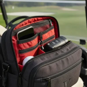 Close up showing the durable zippers and organized compartments of the golf valuables pouch.