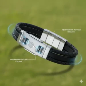 Diagram or photo illustrating the embedded magnetic or therapeutic technology of the golf bracelet.