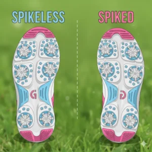 An illustration comparing spikeless and spiked versions of popular women's golf shoes, showcasing the different outsole designs for varied course conditions and preferences.