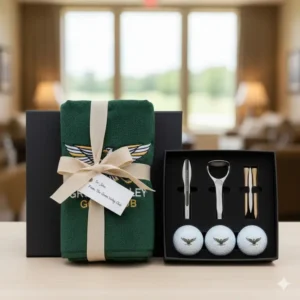 Stylish personalized custom golf towel packaged as a unique gift for a golfer or tournament prize