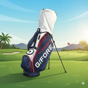 A G/FORE bag with the matching rain hood attached, showing essential protection for your clubs provided by the gfore golf bags.