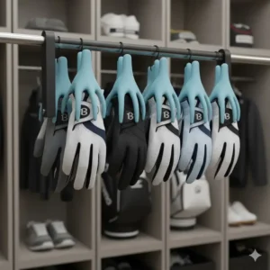 Hanging organizer or rack that functions as a golf glove holder for storing several gloves at once.