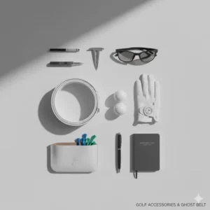 A collection of golf accessories, including balls, tees, and the essential, buckle-free ghost golf belt.