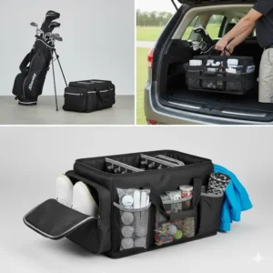 The practical golf trunk organizer positioned beside a standard golf stand bag for scale and context.
