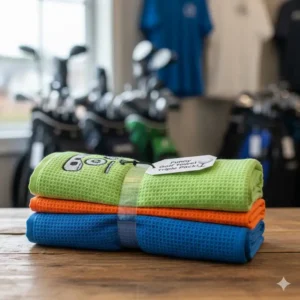 A bundle of three different funny golf towels packaged together for sale.