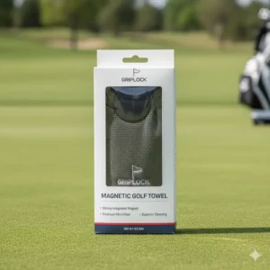 The retail packaging for the new magnetic golf towel, ideal for gifting to a fellow golfer.
