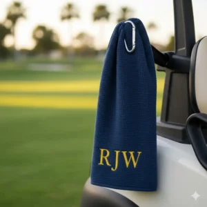 Close-up of a personalized golf towel attached to a carabiner clip, securely fastened to the side of a golf cart.