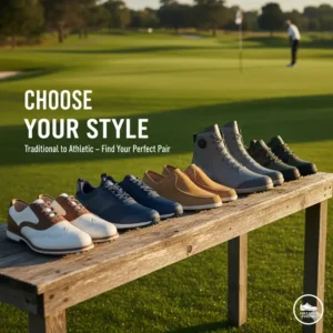 A lineup of various stylish mens golf shoes options, from traditional to athletic designs.
