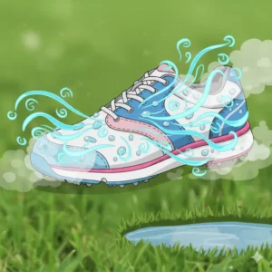 An illustration showing air flowing through popular women's golf shoes, highlighting its breathable materials and ventilation features for keeping feet cool and dry on the golf course.