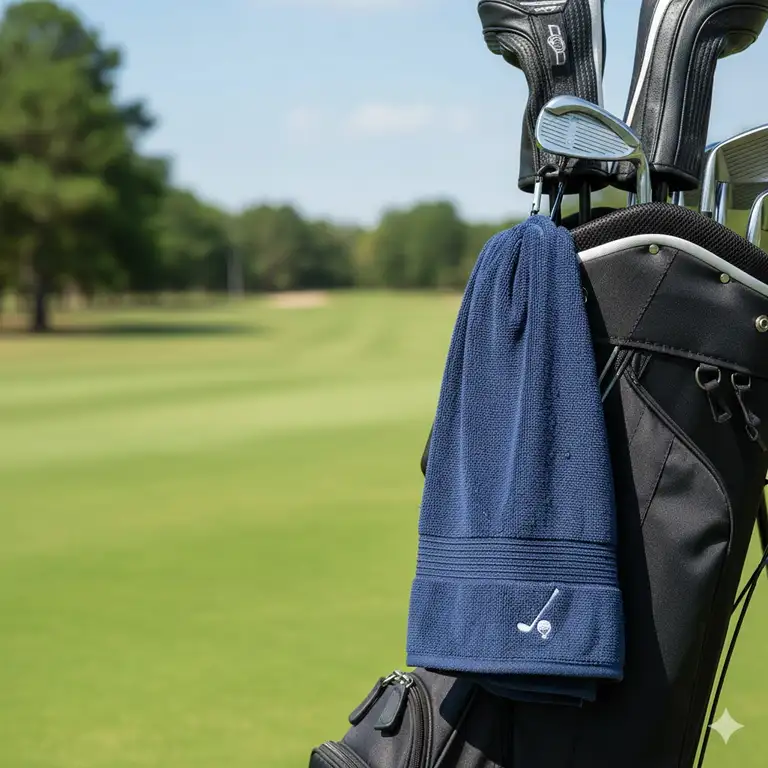 A high-quality, microfiber golf caddy towel clipped to the side of a golf bag, showing its essential role in maintaining clean clubs.