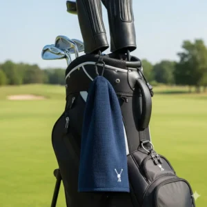 A durable carabiner clip securing a golf caddy towel to a golf cart bag, illustrating the convenient attachment method. 