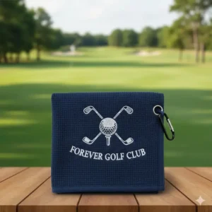 An embroidered or printed logo on a personalized golf caddy towel, great for gifts or tournament giveaways. 