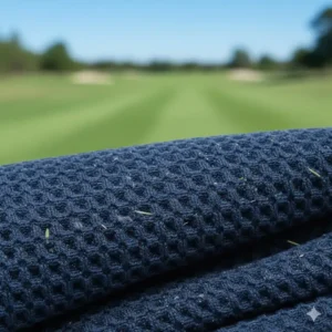 Detail of the deep pockets in a waffle weave golf caddy towel, designed to trap dirt and enhance cleaning power. 