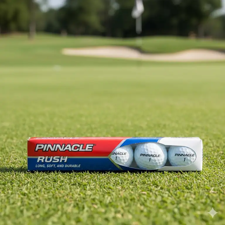 A close-up view of a sleeve containing three new pinnacle rush golf balls resting on a golf course fairway.