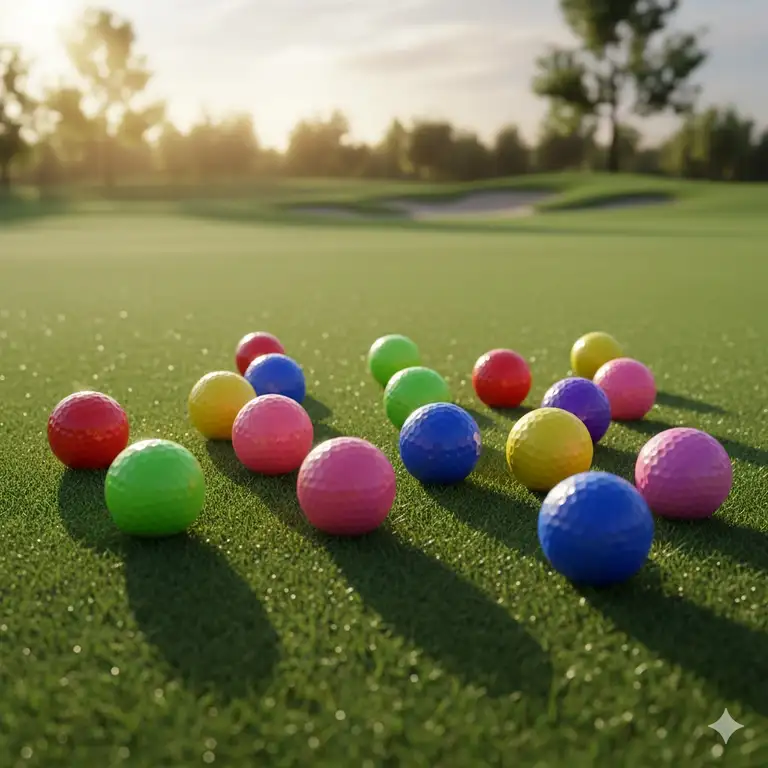 Assortment of colored golf balls in various vibrant hues like red, blue, yellow, and pink, resting on a neatly manicured golf course green.