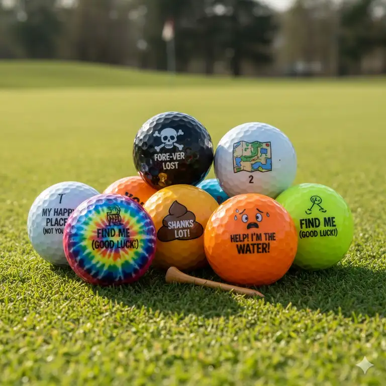 A collection of funny golf balls with various humorous phrases and emoji faces, perfect for golf gifts or novelty play on the course.