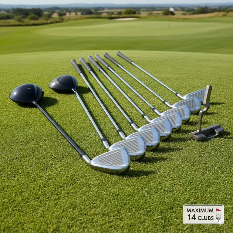 A complete set of 14 golf clubs, which is the maximum allowed by rule, including woods, irons, and a putter, showing how many clubs are in a set of golf clubs.