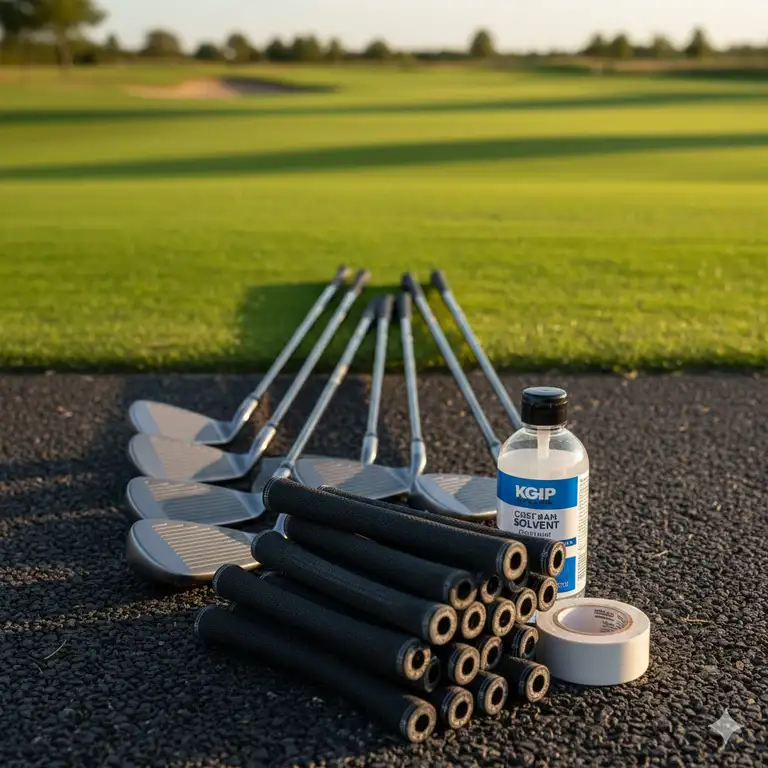 Full set of golf clubs with 13 new golf grips and a solvent bottle, illustrating how much does it cost to regrip golf clubs based on material.