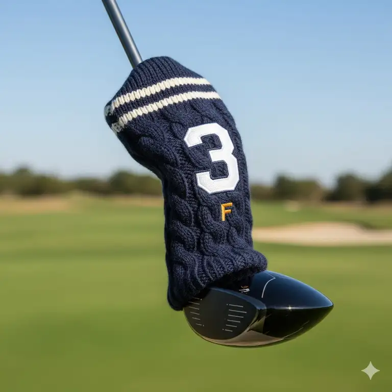 A high-quality, close-up shot of a premium knit 3 wood golf headcover, clearly showing the number 3 embroidered on the front.